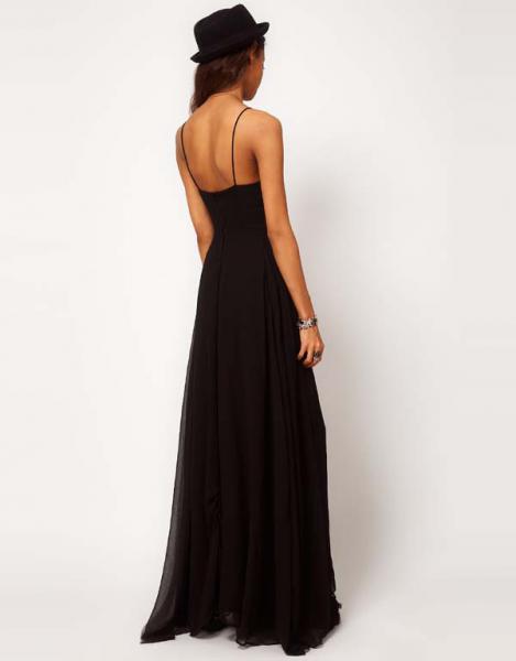 Black double layer floor chiffon skirt spaghetti strap maxi dress