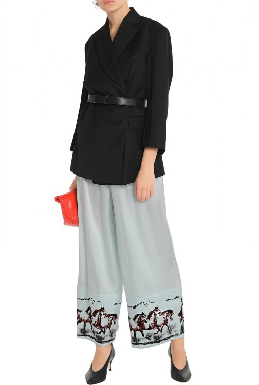 GANNI Jolly shirred printed silk-blend satin wide-leg pants