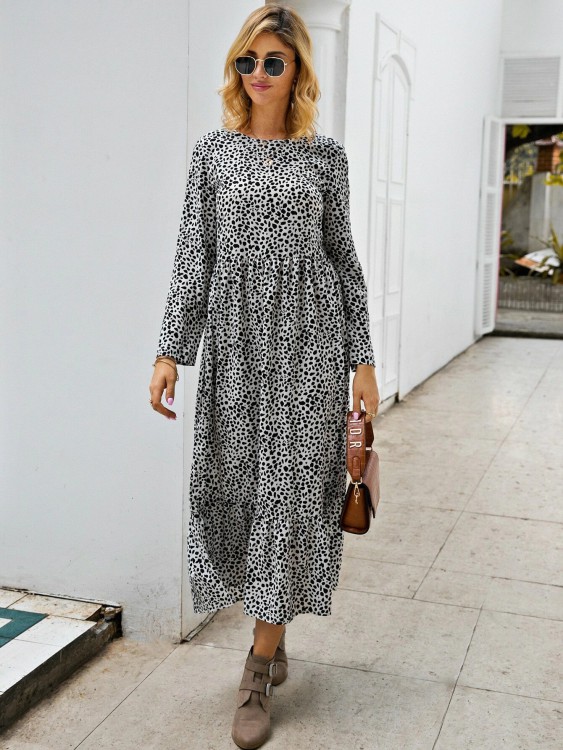 ダルメシアン プリント フリル裾 スモックドレス