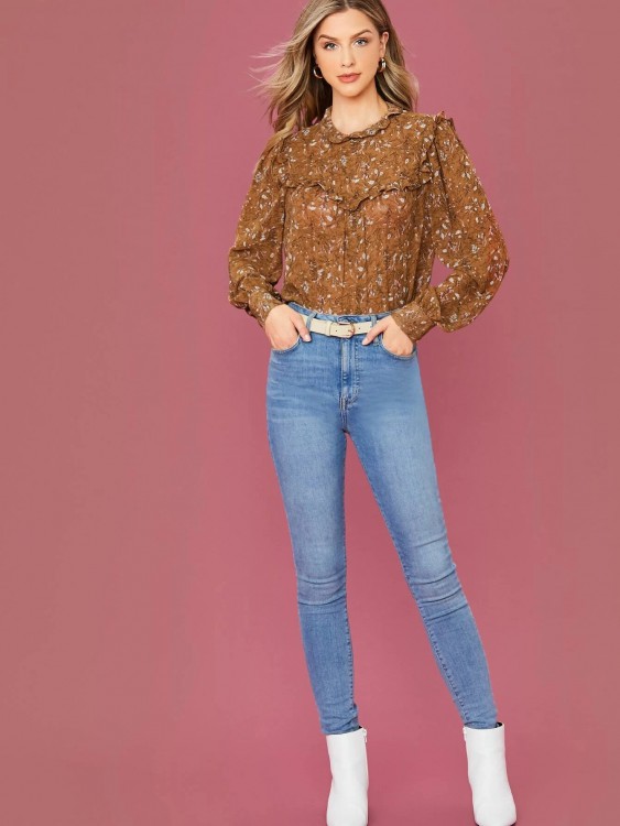 SHEIN ボタニカルプリントボタンバックフリルトリムカーブドヘムトップ