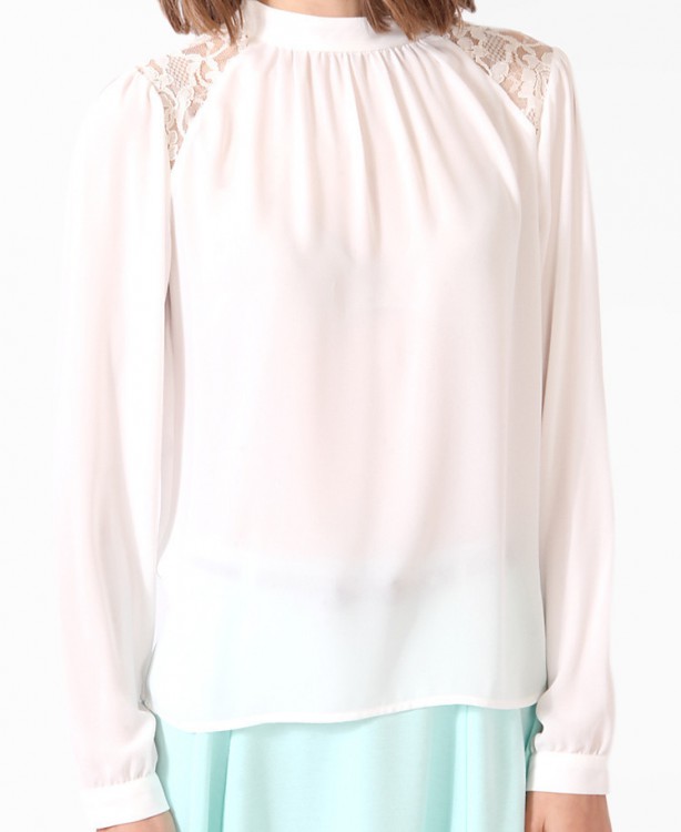Forever 21 white long sleeved high neck lace panels back bow blouse